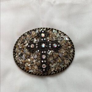 Cream and Silver Ornate Belt Buckle with Crystal Cross